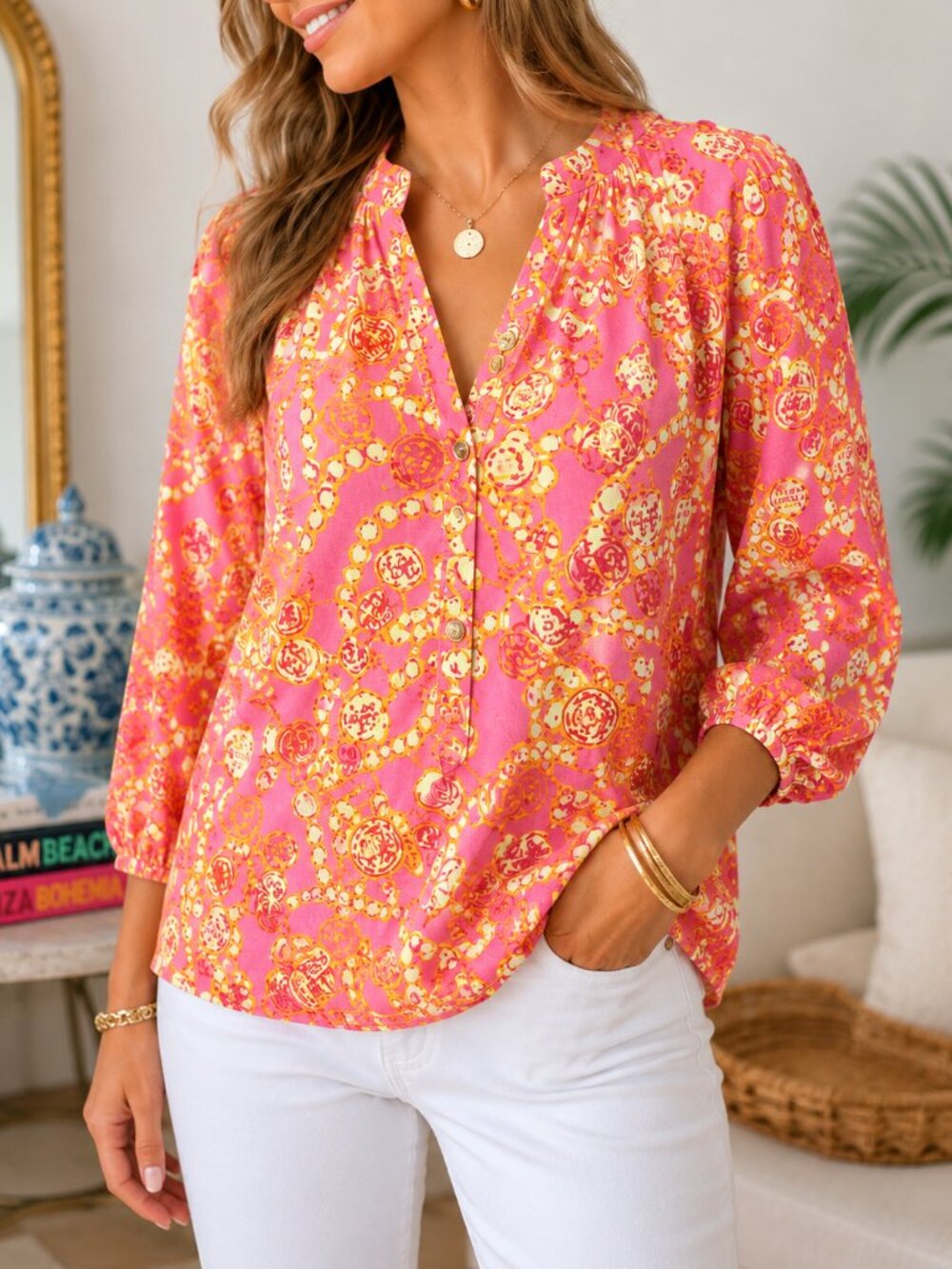 Vintage Y2K Lilly Pulitzer Mardi Gras Beads Coin Tunic Blouse Small Pink Yellow